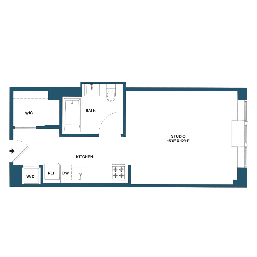 Floor plan for studio, 1 bath, 423 sqft